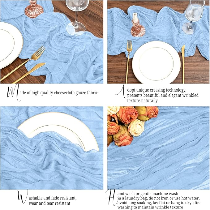 24 Pack Light Blue Table Runner 10Ft Cheesecloth Table Runner Rustic Gauze Table Runners Romantic Long Sheer Fabric Cheese Cloth Table Runners for Wedding Party Bridal Baby Shower