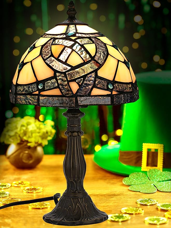 KY&BOSAM Tiffany Table Lamps Irish Celtic17500 Lumens UL Style Light Stained Glass Lamp Shade +E26 Bulb Holder+ Metal Base 8*8*14Inch Family Bedroom Living Room Office Memory St Patrick's Day Decor