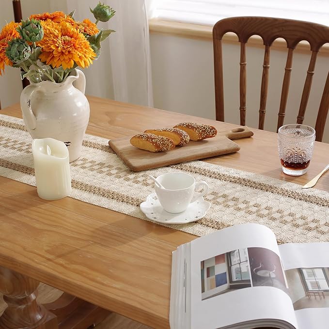 Niviy Boho Table Runner with Tassels 12 x 90 Inches Long, Cream & Brown Rustic Farmhouse Table Runner with Tassels for Home Kitchen Holiday Party and Wedding Decor Runner