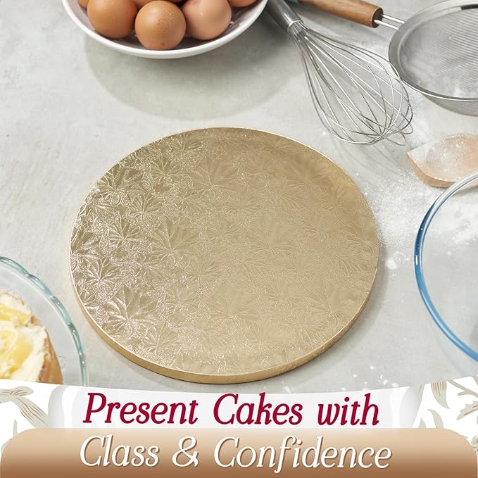 Cakebon Cake Boards - Sturdy 1/2 Inch Thick Drums - 8 Inch Professional Smooth Straight Edges Gold 3-Pack