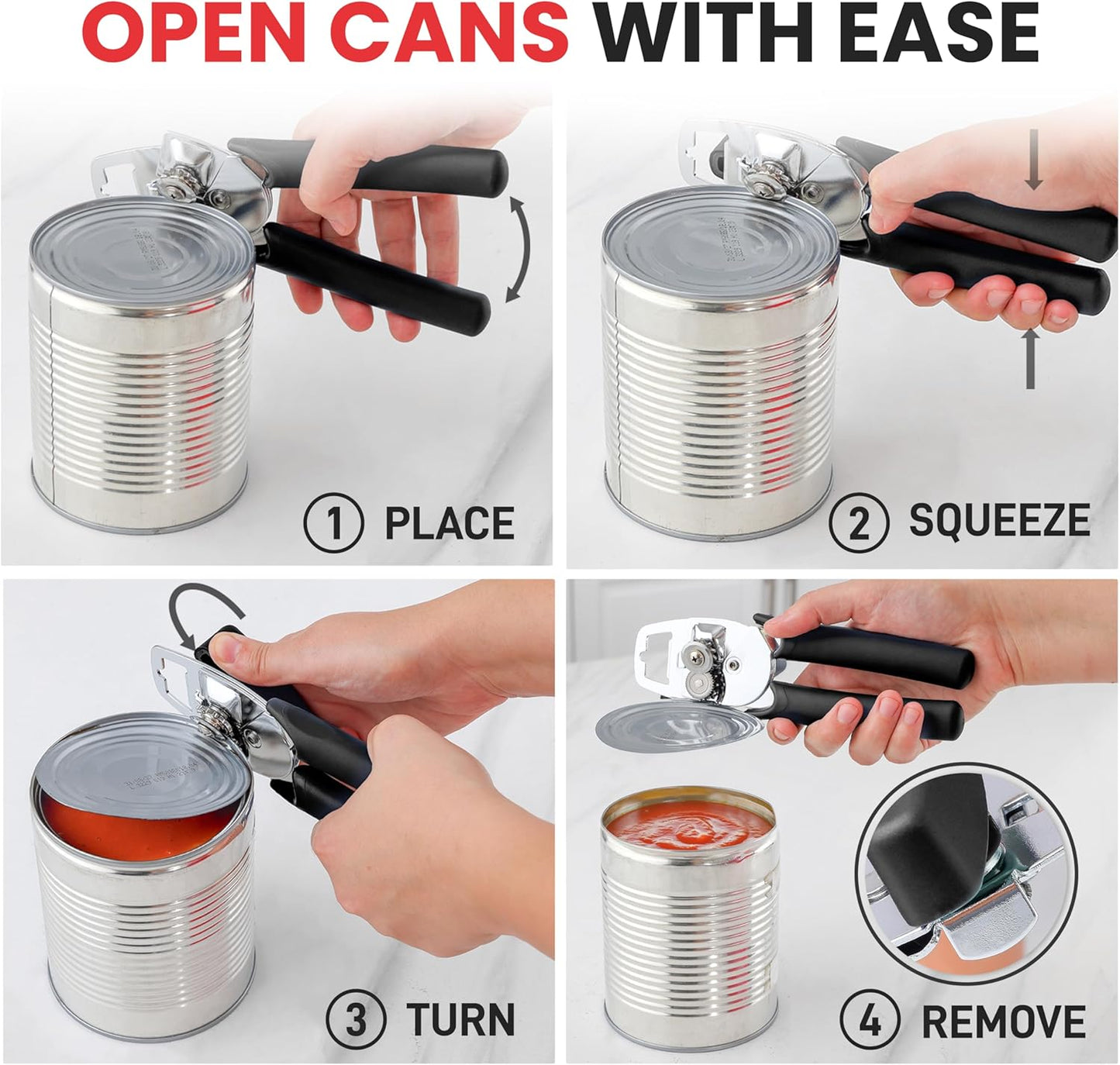 Zulay Kitchen Heavy Duty Stainless Steel Manual Can Opener – Ergonomic Soft Grip Handles, Smooth Edge Cutting Wheel & Large Built In Bottle Opener – Easy Turn Knob for Effortless Use - Black