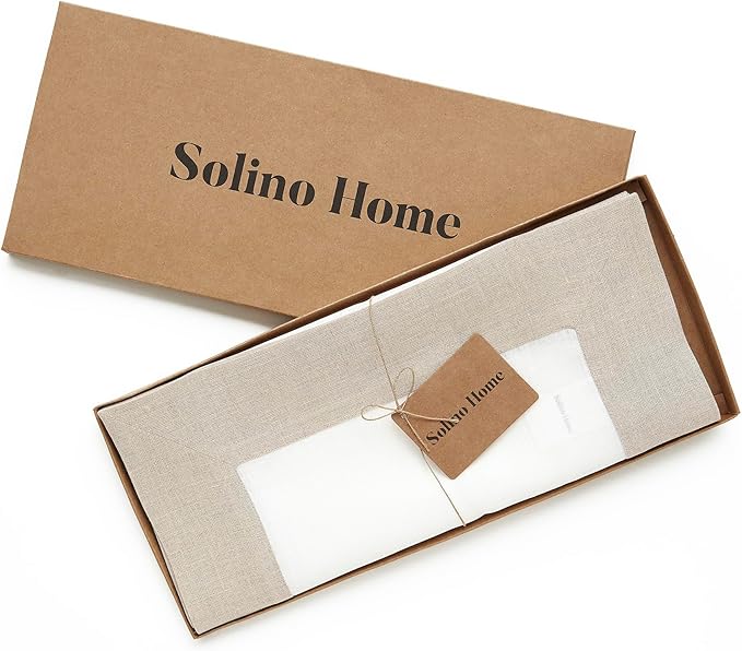 Solino Home Linen Table Runner 60 Inches - 100% Pure Linen Natural and White Table Runner 14 x 60 Inch Ideal for Dresser and Coffee Tables - Christmas, Winter, New Year - Contempo