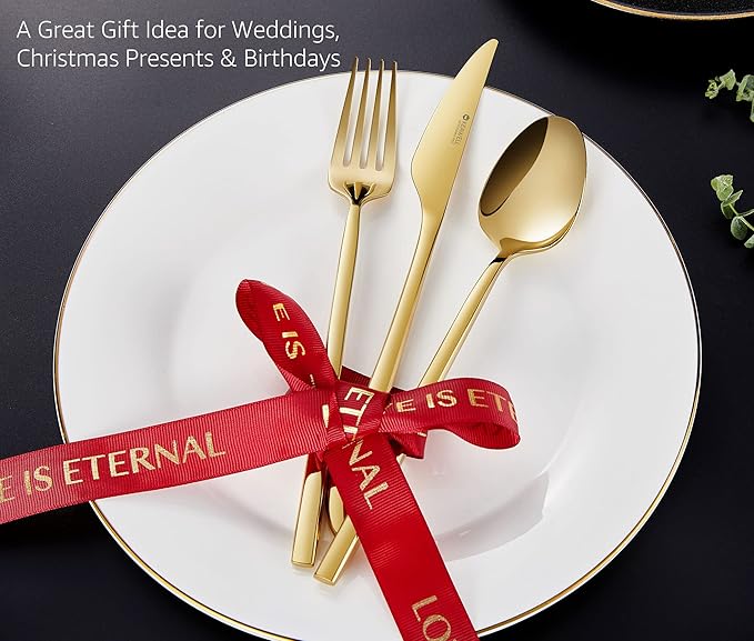 KEAWELL 20-Piece Luxury Mirror Polished Cutlery Set, 18/10 Stainless Steel Tableware, Modern Silverware Set Includes 8 x Spoons, 8 x Forks, 4 x Knives Durable Flatware for Home Kitchen in Gold