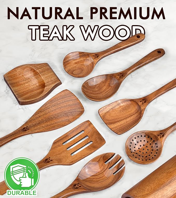 Wooden Spoons for Cooking, 9 Pcs Natural Teak Wooden Utensil Set with Spoon Rest, Comfortable Grip Wooden Cooking Utensils Set with Holder for Nonstick Cookware, Sturdy, Lightweight & Heat Resistant
