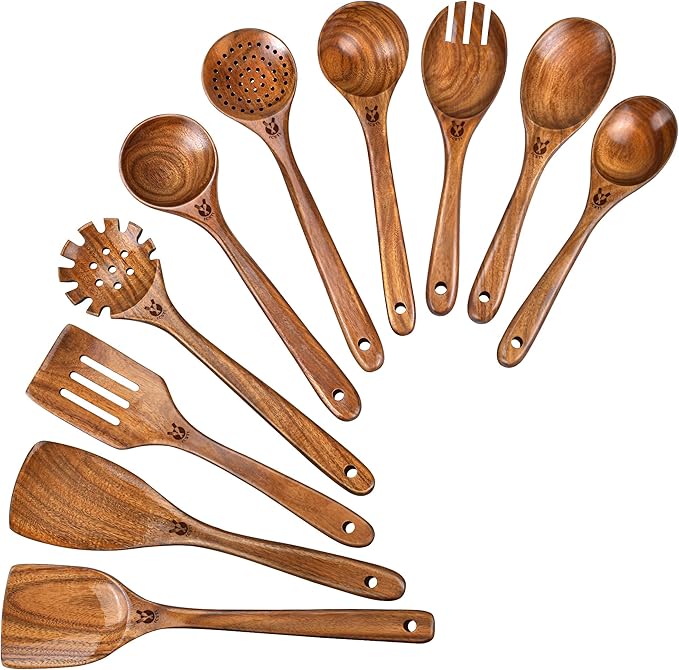 Wooden Spoons for Cooking, 10 Pcs Natural Teak Wood Kitchen Utensils Set, Comfortable Grip Wooden Utensil Set for Nonstick Pans & Cookware, Heat Resistant Wooden Spoons Wooden Spatulas Set