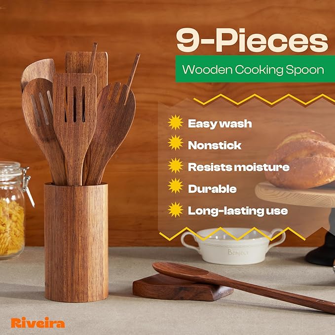 Riveira Teak Wooden Spoons for Cooking Set of 9 – Natural Teak Wooden Cooking Utensils, Wooden Spatula, Wooden Spoon - Premium Quality Utensil Set for Non-Toxic Cooking