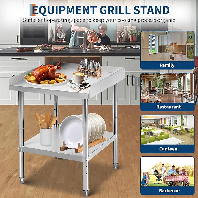 12x24x30 in Stainless Steel Equipment Grill Stand Table 400 LBS Capacity NSF Certified with Adjustable Legs, 2 in Edge Baffle, for Hotel, Home, Commercial Restaurant Kitchen
