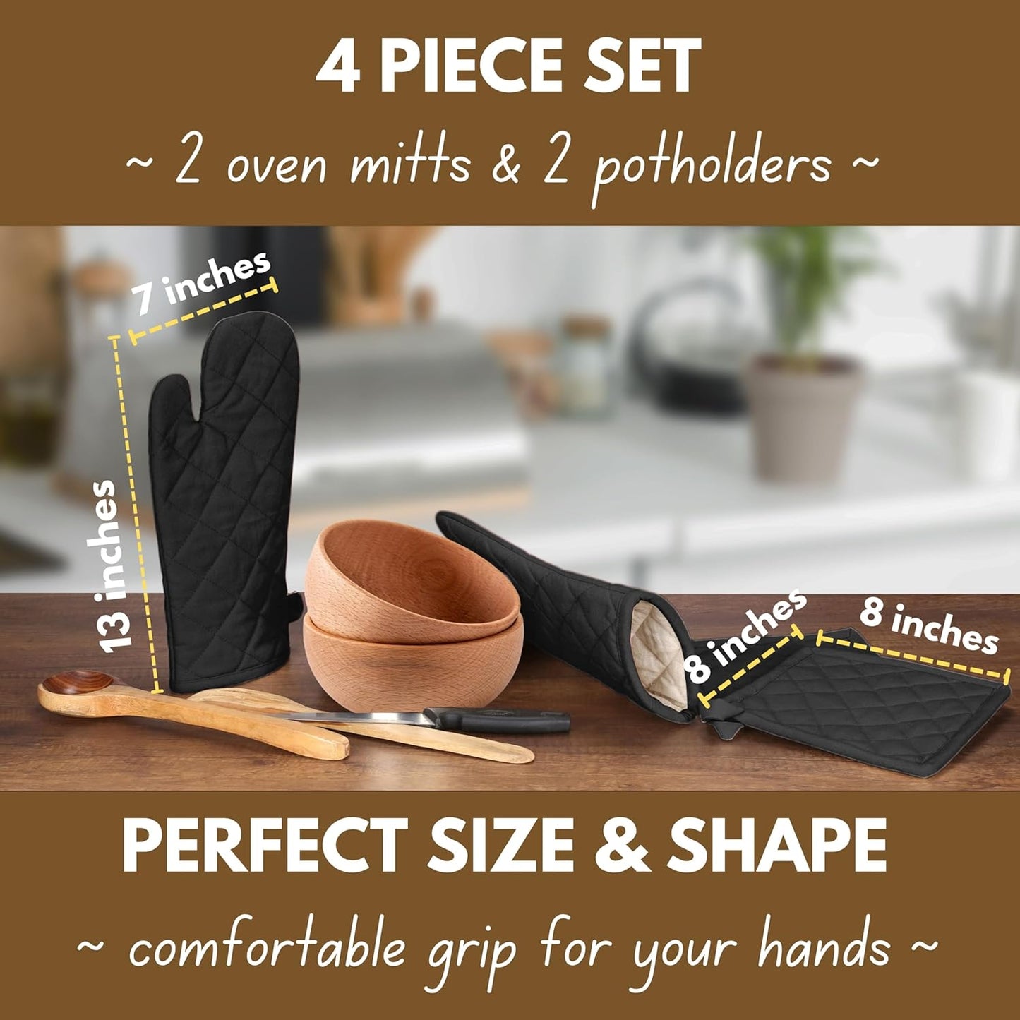 Native Fab Pot Holders and Oven Mitts Sets for Kitchen Heat Resistant - Hanging Non-Slip - 100% Cotton Kitchen Oven Mitts and Pot Holders 4-Piece Set - Black