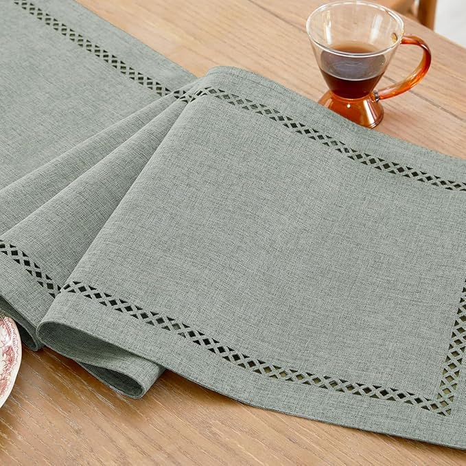 Burlap Style Farmhouse Table Runner, 13 x 36 Inch Grey, Rustic Geometric Hollow Table Runners 36 Inches Long for Dresser Table Everyday Use, 13x36 Inches, Grey