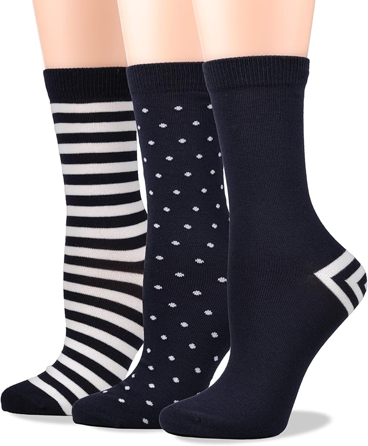 COTTON DAY Women's Soft Combed Cotton Dress Socks Seamless Toe Black White Gray Navy Blue Brown Beige