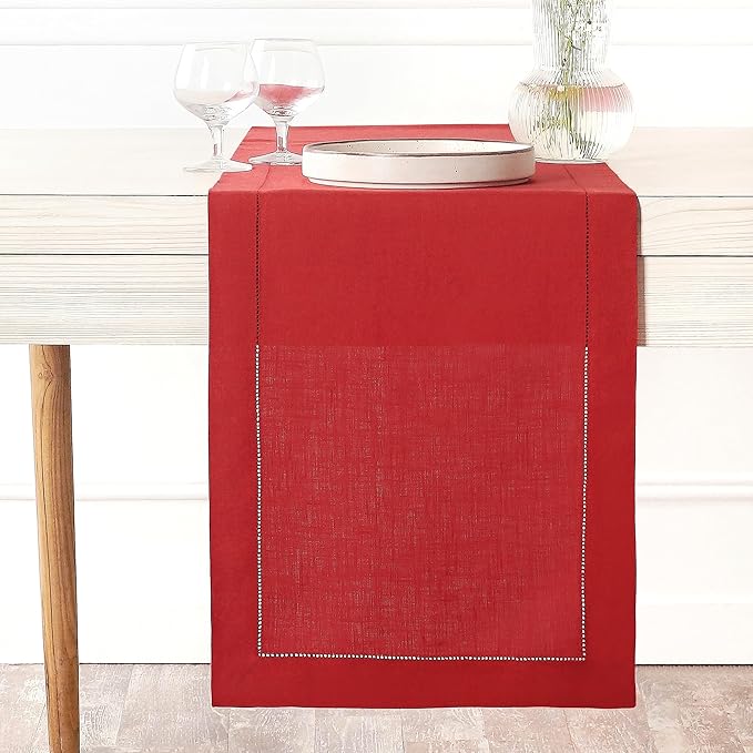 D'Moksha Homes Linen Bright Red Table Runner 90 Inches Long - Classic Hemstitch 100% Pure Linen Dining Table Runner 14 x 90 Inch for Winter, Christmas, Holiday, New Year