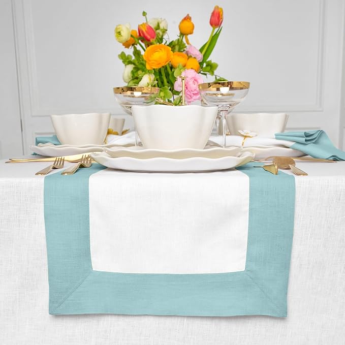 Solino Home Linen Table Runner 36 Inches - 100% Pure Linen Aqua Blue and White Short Table Runner 14 x 36 Inch Ideal for Dresser and Coffee Tables - Contempo