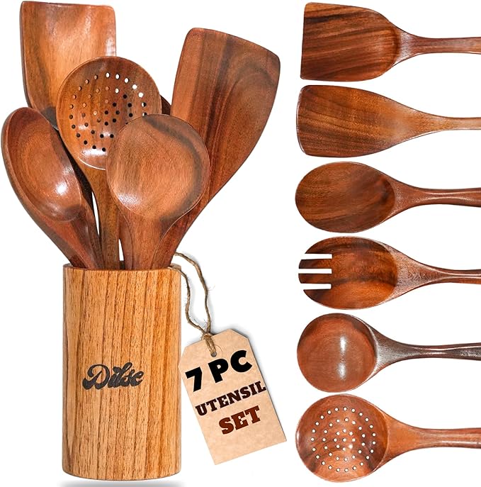 Wooden Kitchen Utensil Set, Cooking Spoons with Storage Holder, Non Stick, Heat Resistant and Lightweight, 7 Pcs Set, Teak Wood