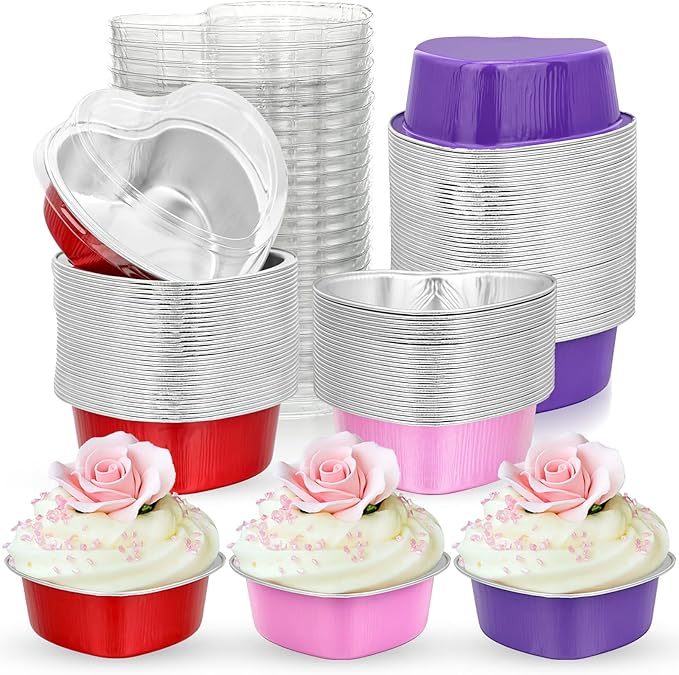 Honeydak Heart Shaped Mini Cake Pan Valentine's Day Aluminum Foil Small Cake Cup with Lids 100 Ml/ 3.4 Ounces Disposable Desserts Baking Tins for Mother's Day Wedding Parties, 3 Colors(100 Sets)