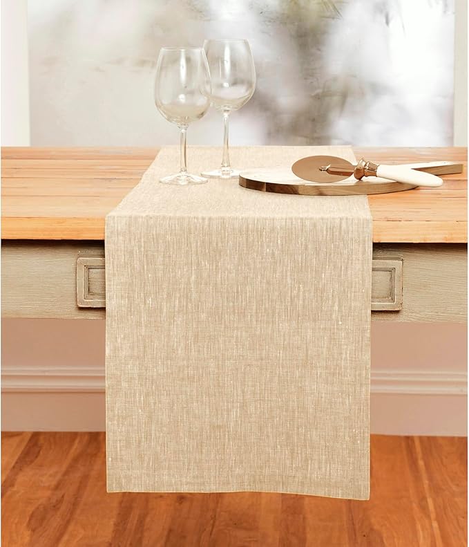 Solino Home Linen Short Table Runner 48 Inches - Athena, 100% Pure Linen Champagne Beige Table Runner 14 x 48 Inch Ideal for Dresser and Coffee Tables - Holiday, Christmas, New Year