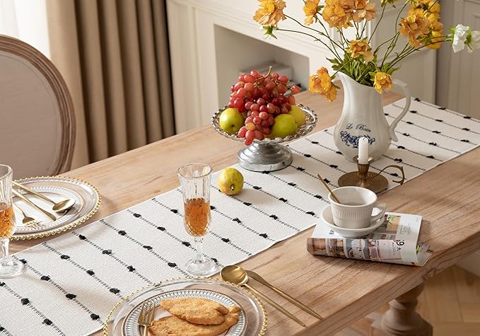 Caflife Boho Table Runner 90 Inchs Long for Modern Farmhouse Room Home Decor, Black and Beige Coffee Table Runner, Natural Cotton Woven with Tassels Neutral, for Kitchen Dining Table Decor