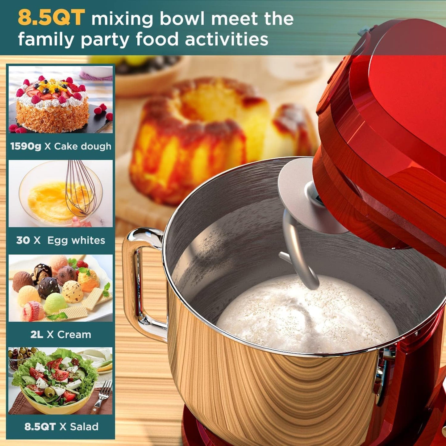 COOKLEE 6-IN-1 Stand Mixer, 8.5 Qt. Multifunctional Electric Kitchen Mixer with 9 Accessories for Most Home Cooks, SM-1507BM, Ruby Red