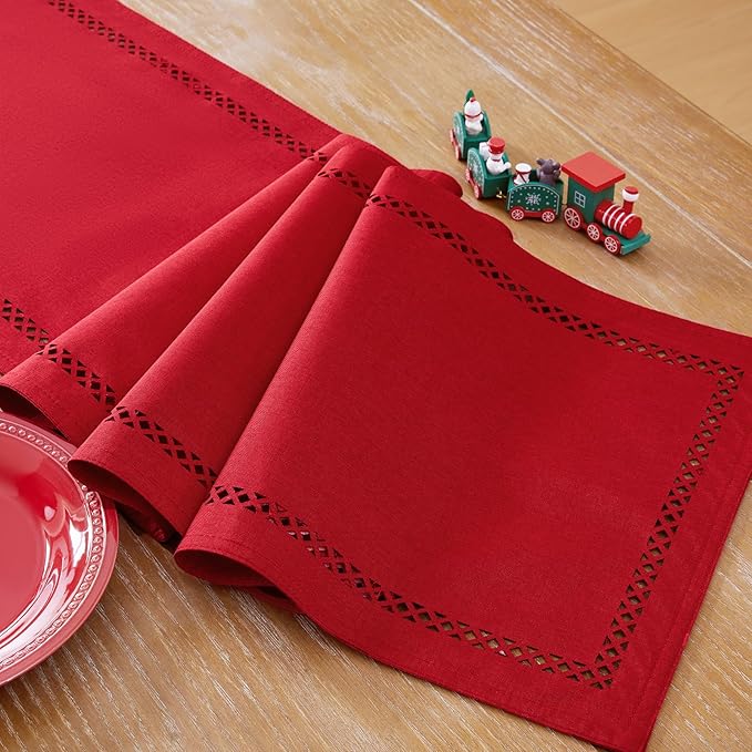 Burlap Style Farmhouse 13 x 60 Inch Red Table Runner, Rustic Geometric Hollow Christmas Table Runners 60 Inches Long for Winter Christmas Party Decorations, 13x60 Inches, Red