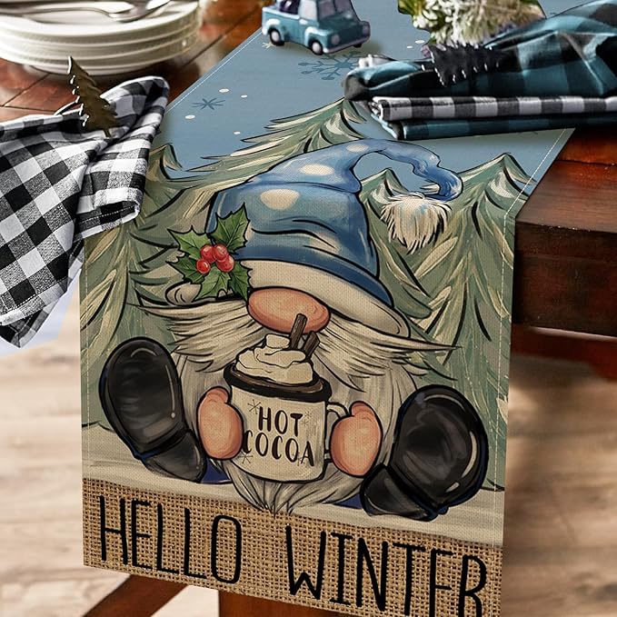 Seliem Hello Winter Blue Gnome Table Runner, Pine Tree Snowflake Hot Cocoa Farmhouse Kitchen Dining Table Decor, Christmas Holiday Rustic Home Decoration Indoor Outdoor Party Supply 13 x 90 Inches