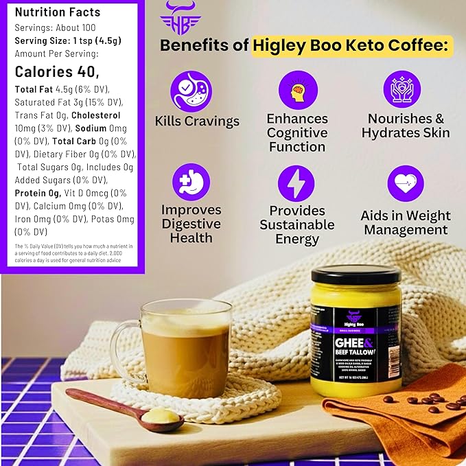Higley Boo Premium Ghee & Beef Tallow for Cooking – 100% Animal-Based Cooking Oil | Keto, Carnivore & Paleo Friendly | Seed Oil Free | Zero Carbs, Zero Sugar | Gluten-Free, Lactose-Free | 16oz Jar
