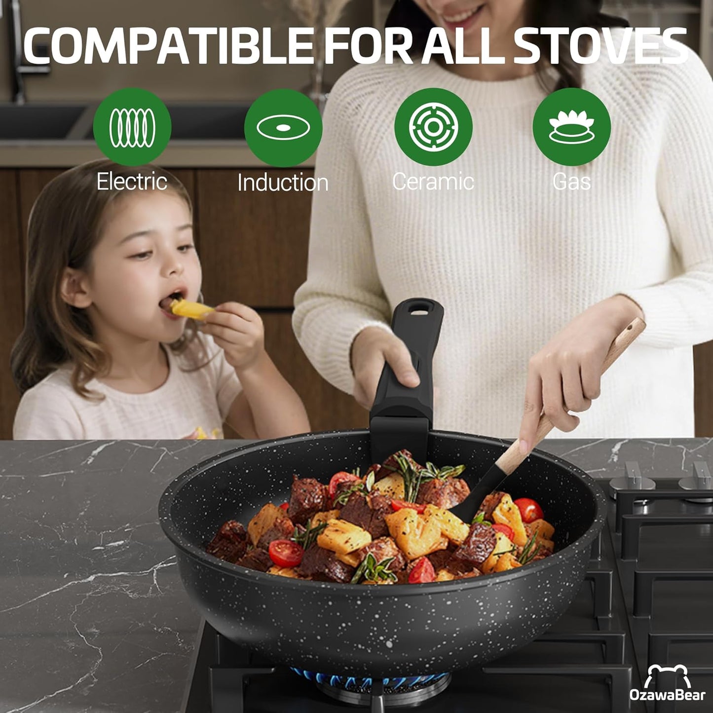 26 Pcs Pots and Pans Set Non Stick, Ceramic Cookware Set Non Toxic with Detachable Handles, Healthy Induction Cookware Dishwasher Oven Safe RV Kitchen Set, PFAS PFOA & PTFE Free, Black