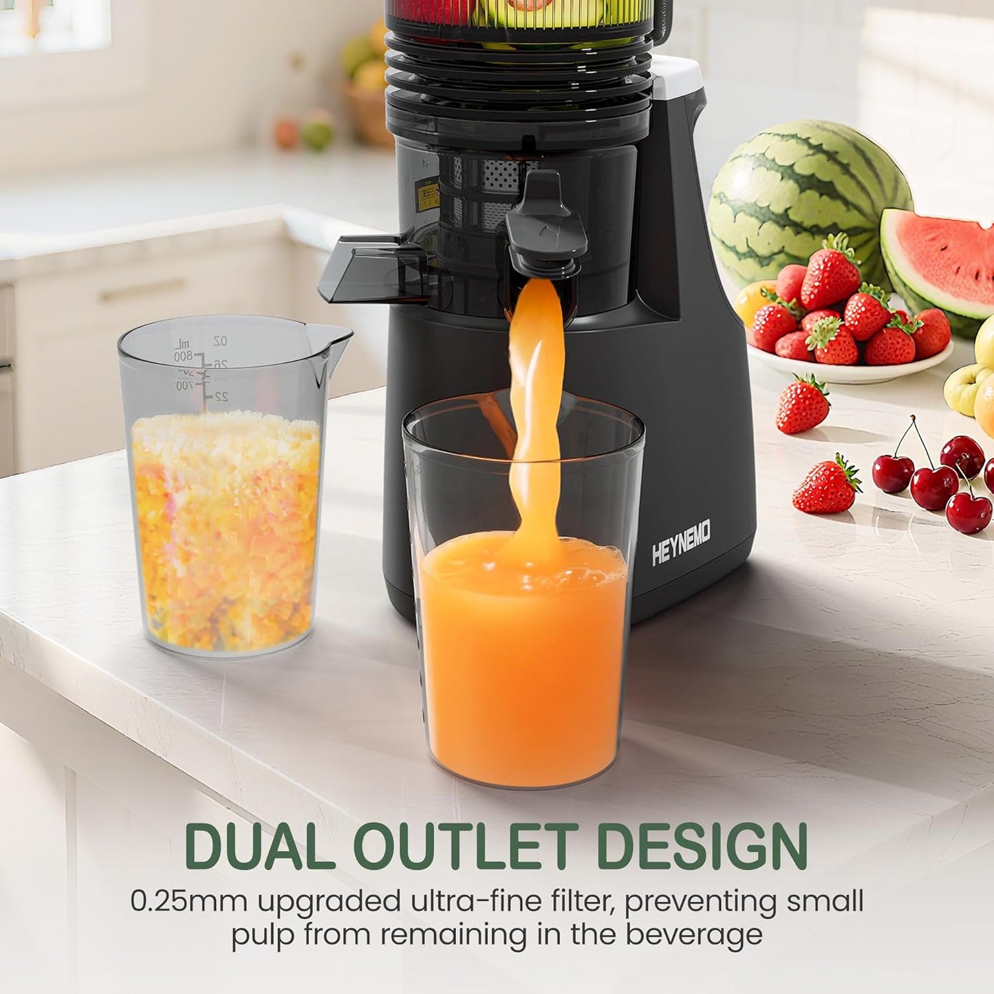 Heynemo Juicer Machines, 5.9" Wide Feed Chute Cold Press Juicer for Whole Vegetable & Fruit, 250W Slow Masticating Juicer Machines with with Dual-Layer Strainer, Easy to Clean,High Juice Yield, Black