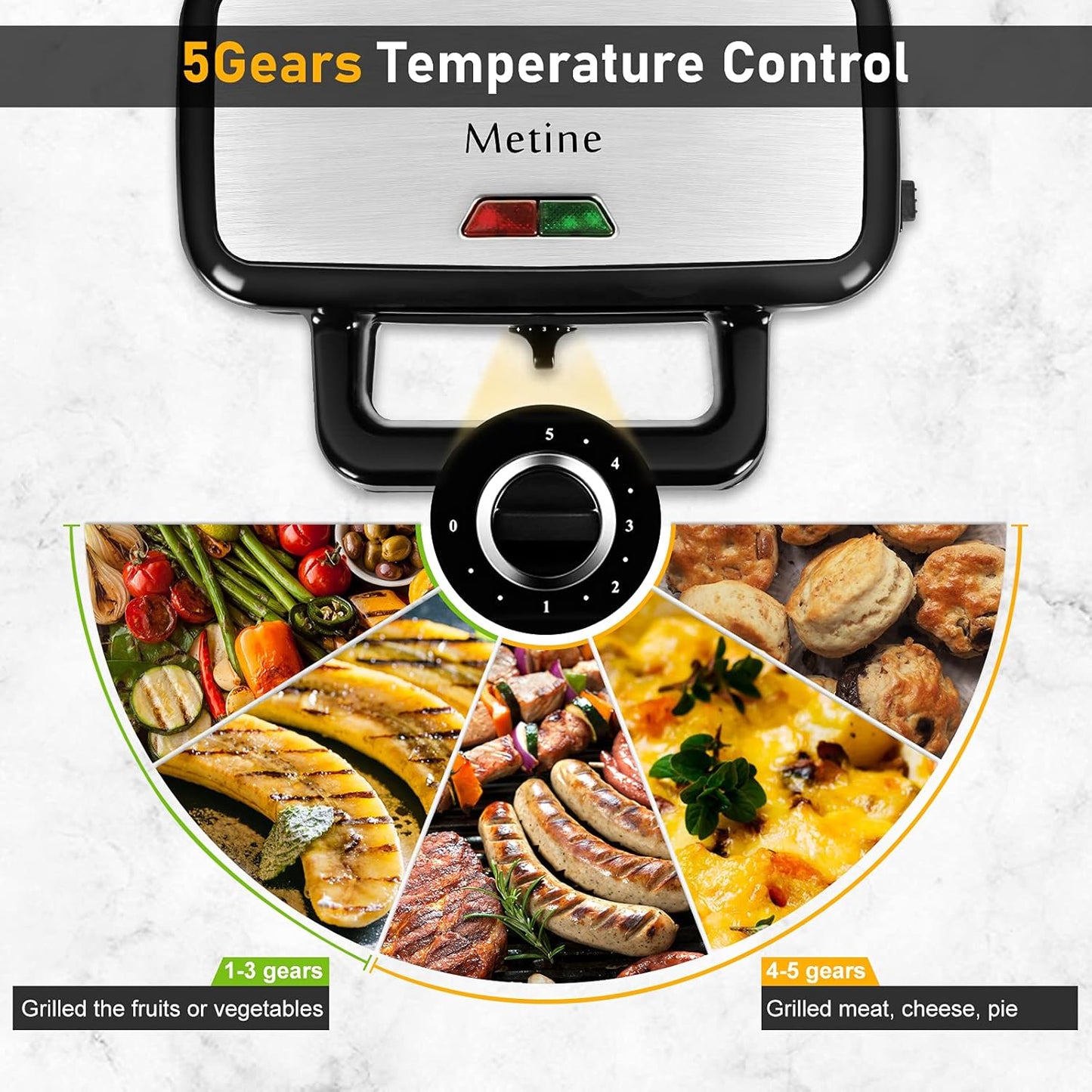 Waffle Makers, 3-in-1 Waffle Iron Panini Press Sandwich Maker with Removable Plates, 5-gears Temperature Control Non Stick Coating Cool Touch Handle Anti-skid Feet for Breakfast 1200W 120V