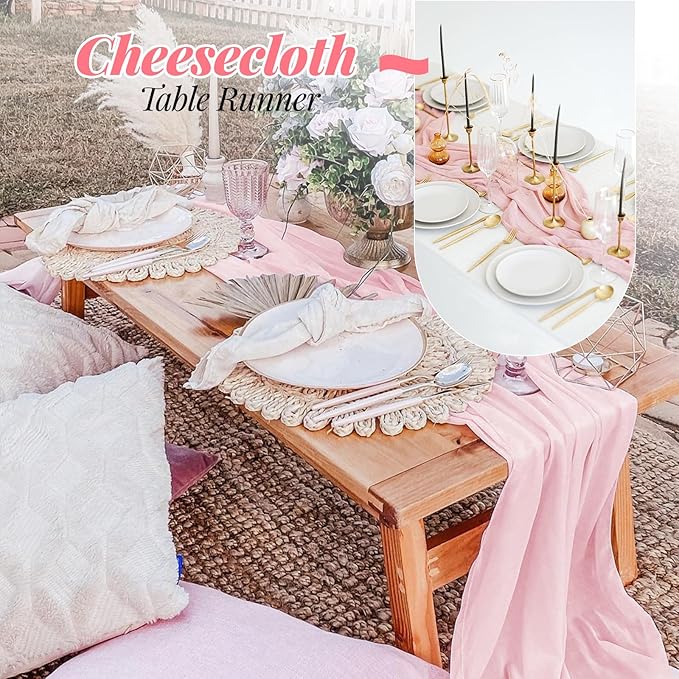 Aktor 6 Pack Pink Cheesecloth Table Runner 10Ft Gauze Table Runner Boho Semi Sheer Cheese Cloth Fabric Runners for Wedding Birthday Baby Shower Party Table Decoration（Pink）