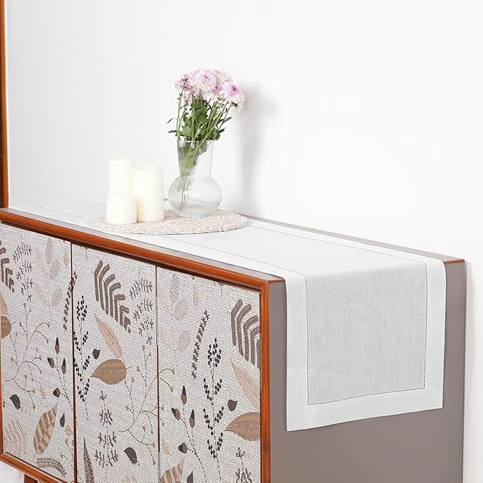 D'Moksha Homes Linen White Table Runner 144 Inches Long - 100% Pure Linen Extra Long Table Runner 14 x 144 Inch for Winter, Christmas, Holiday, New Year - Classic Hemstitch