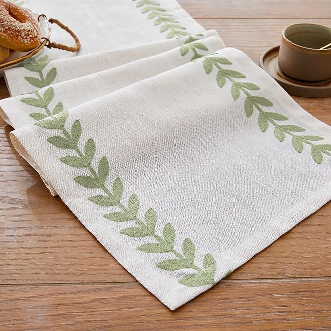Wracra Embroidered Table Runner Irregular Willow Leaf Table Runners 72 Inches Long for Dresser Home Dining Table Decor,14 x 72 Inch, Light Sage Green