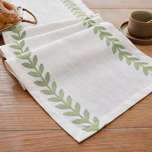 Wracra Embroidered Table Runner Irregular Willow Leaf Table Runners 90 Inches Long for Dresser Home Dining Table Decor,14 x 90 Inch, Light Sage Green
