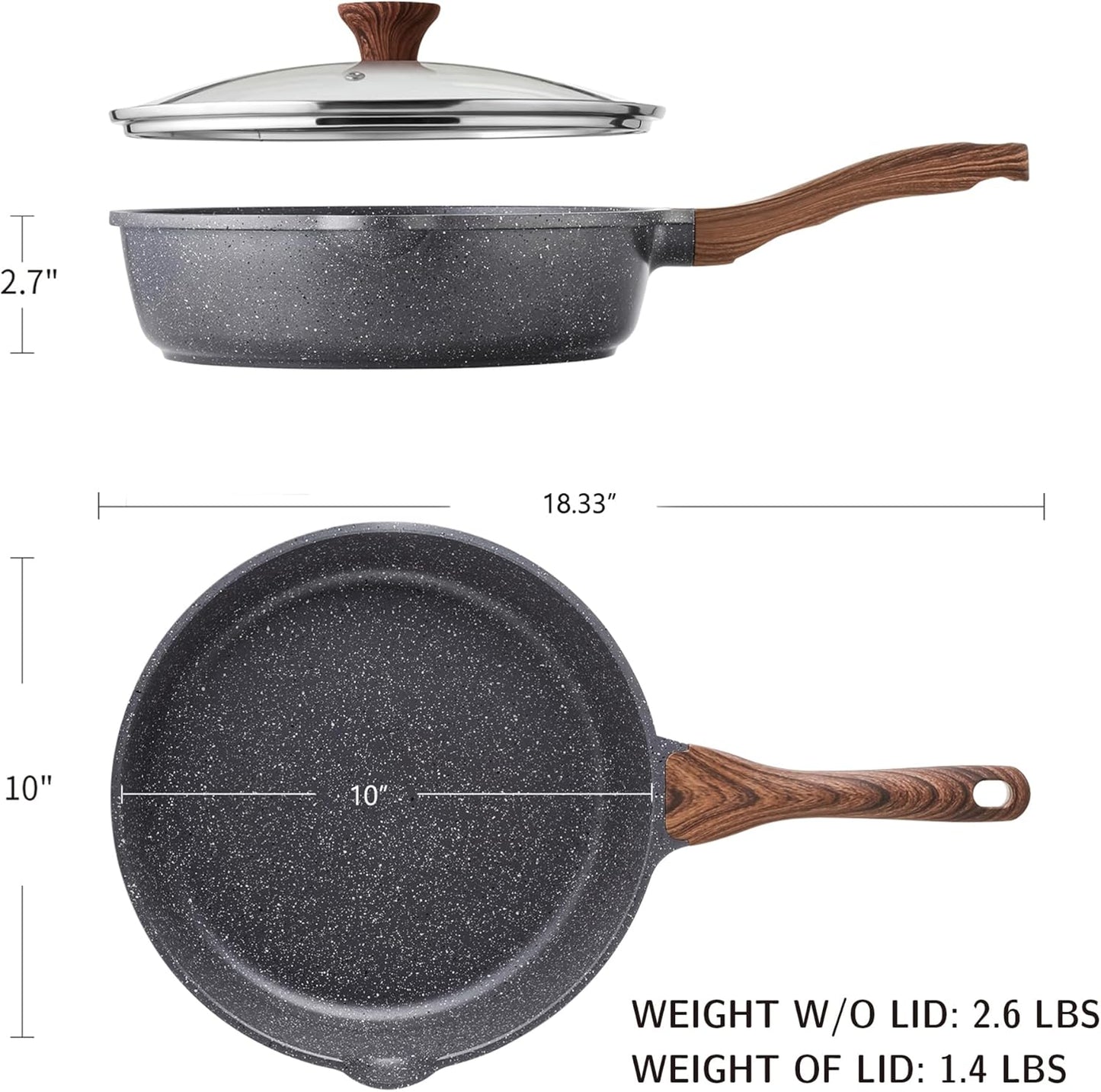 SENSARTE Nonstick Skillet, Deep Frying Pan 10/11/12-inch, Saute Pan with Lid, Stay-cool Handle, Healthy Stone Cookware Cooking Pan, Induction Compatible (10-Inch/3.5QT)