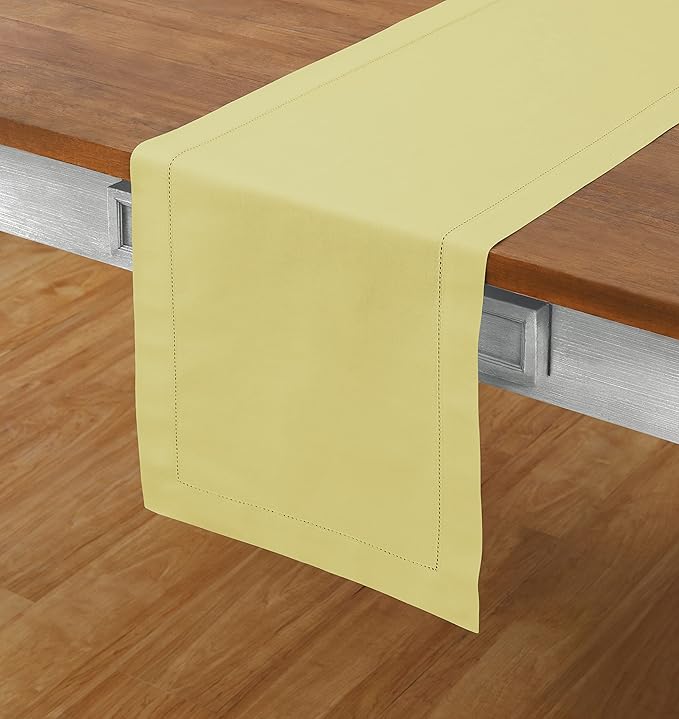 Solino Home Yellow Table Runner 48 Inches - Cotton Linen Hemstitch Coffee Table Runner 14 x 48 Inch Ideal for Dresser Tables