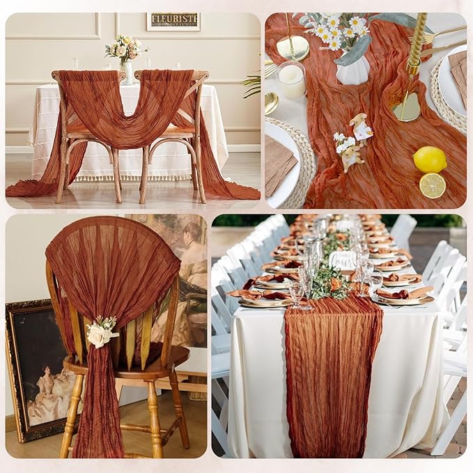 12 Pack Terracotta Cheesecloth Table Runner 17x108 Inch Semi Sheer Boho Gauze Cheese Cloth Fabric Table Runners, for Wedding Party Baby Shower Birthday Home Decor Garden Farmhouse