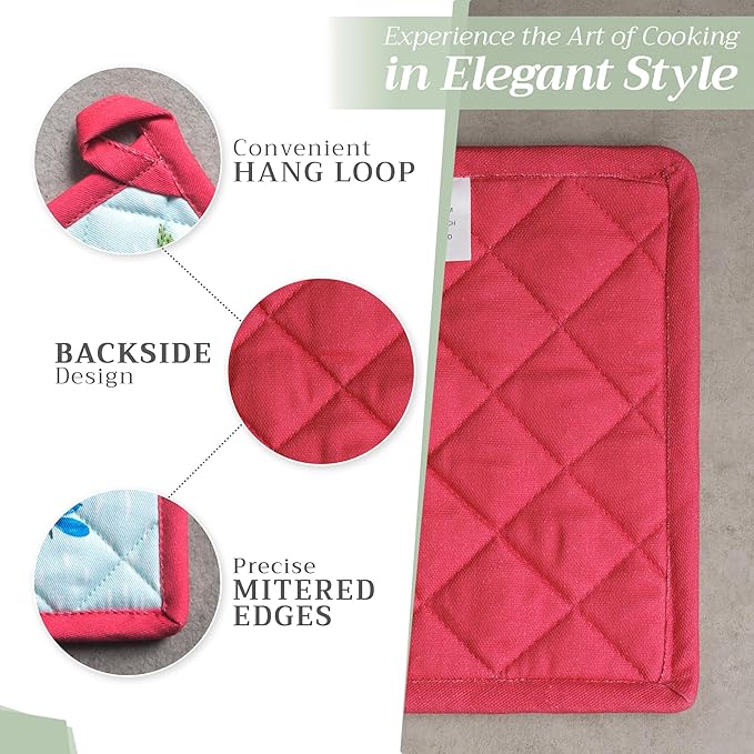 Maison d' Hermine Pot Holders 100% Cotton Heat Resistant Potholders 8" x 8" Hot Pads with Loop BBQ, Cooking, Baking, Grilling, Kitchen, Handling Hot Pans Spring/Summer (Pack of 1, Jardin D'Ete - Mint)