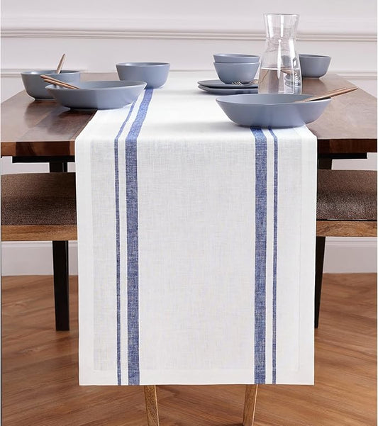 Solino Home Striped Linen Table Runner 90 Inches Long - French Stripe 100% Pure Linen Navy and White Dining Table Runner 16 x 90 Inch