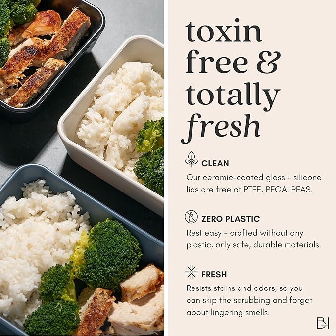 Ceramic Coated Glass Food Storage Container | No PTFE, PFOA, PFAS, and BPA | Reusable Non Toxic Meal Prep Container with Glass Lid | Easy To Store | 5 Cup Square [Dusk]
