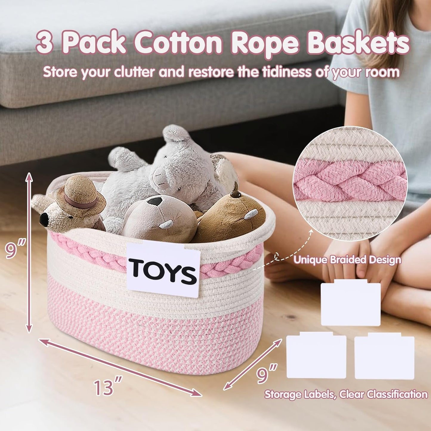 Woven Storage Basket, 3 Pack Pink Rope Basket for Shelves, HandWoven Cotton Rope Basket with Built-in Handles and Labels for Bathroom, Bedroom, Laundry, Pantry, Shelves