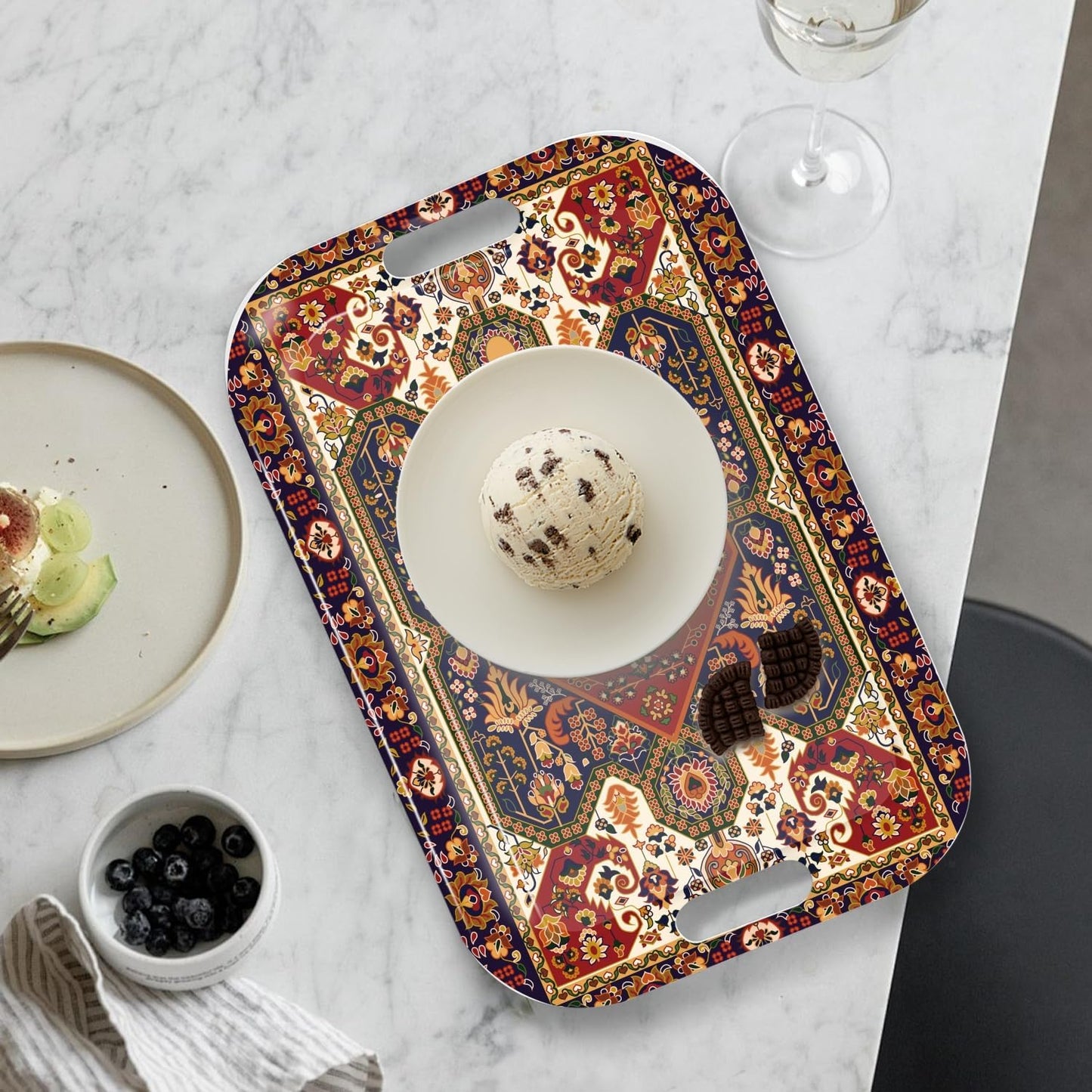 Serving Trays with Handles, 14.5 x 9.8 inch Rectangular Plastic Tray for Restaurant, Kitchen, Dark Red Pattern