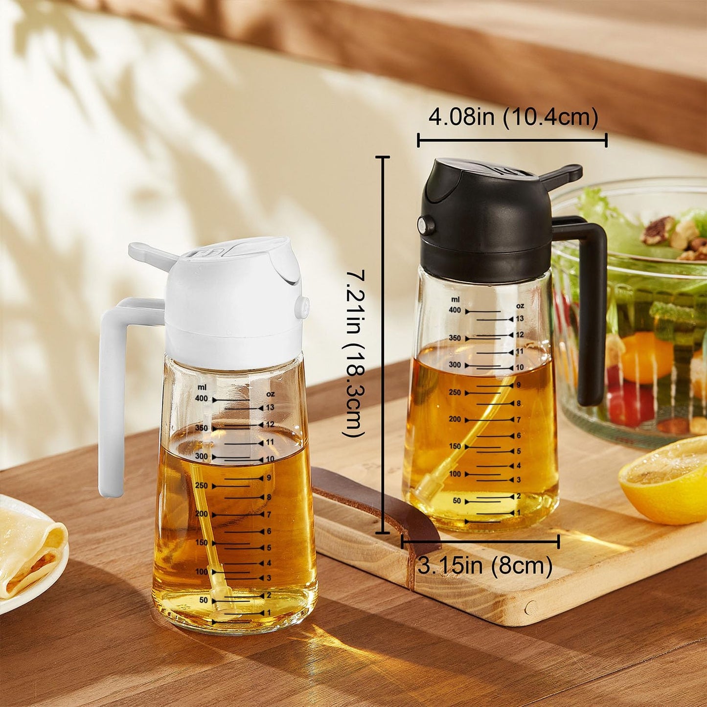 TrendPlain 16oz/470ml Glass Olive Oil Sprayer for Cooking – 2 in 1 Olive Oil Dispenser Bottle for Kitchen Gadgets and Air Fryer Accessories, Salad, BBQ - Black & White