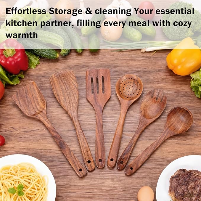 Wooden Spoons for Cooking – 6 Pcs Teak Wood Utensil Set, Durable, Nonstick Safe & Heat Resistant with Ergonomic Handles - Unique Kitchen Gifts for Women Men, Cooking Gifts for Men Women