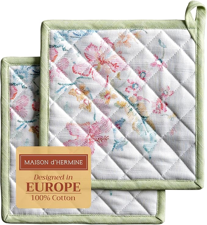 Maison d' Hermine Pot Holders set 100% Cotton Heat Resistant Potholders 8" x 8" Hot Pads with Loop BBQ, Cooking, Baking, Grilling, Kitchen, Handling Hot Pans Spring/Summer (Pack of 2, Paradise Island)