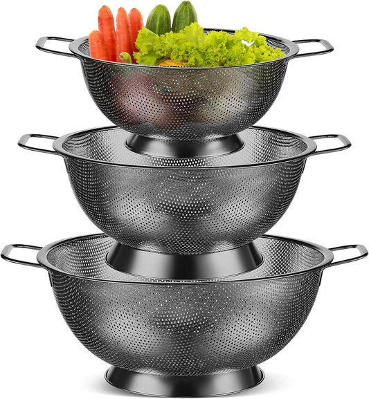 Bokon 3 Pcs Stainless Steel Colander Set Colander Bowl and Sieves 1/3/5 Quart Metal Mesh Strainer Net Basket with Handles Food Spaghetti Strainer for Kitchen Draining Pasta Rinsing(Black)