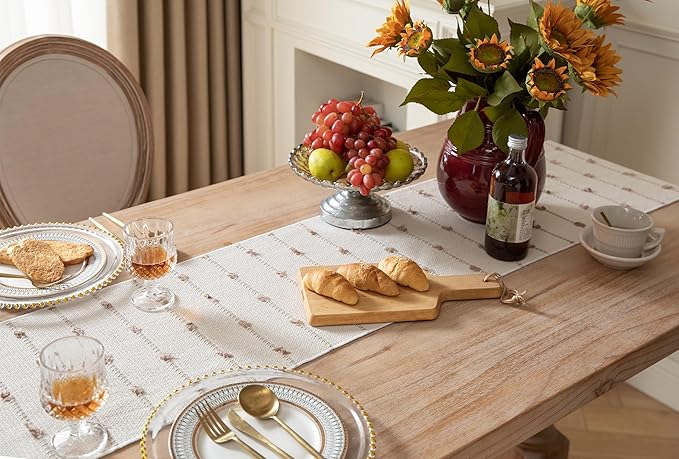 Caflife Boho Table Runner 108 Inchs Long for Modern Farmhouse Room Home Decor, Taupe and Beige Coffee Table Runner, Natural Cotton Woven with Tassels Neutral, for Kitchen Dining Table Decor