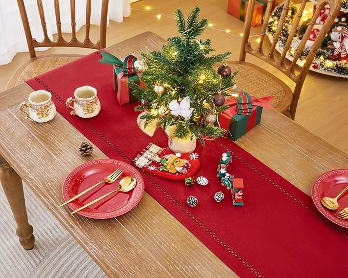 Burlap Style Farmhouse 13 x 60 Inch Red Table Runner, Rustic Geometric Hollow Christmas Table Runners 60 Inches Long for Winter Christmas Party Decorations, 13x60 Inches, Red