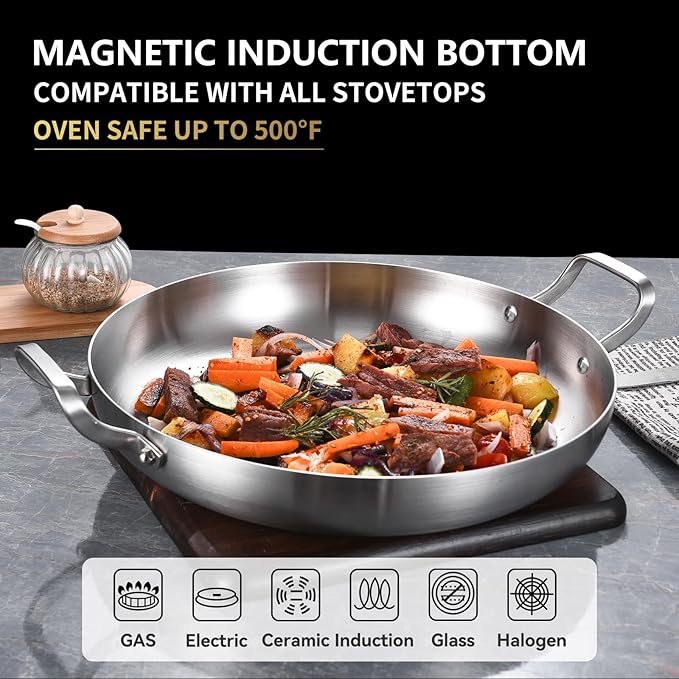 Inqibee 14 Inch Tri-Ply Stainless Steel Paella Pan with Lid,Large Skillet,Omelet,Griddle,Induction Cooking Pan,Dishwasher and Oven Safe.