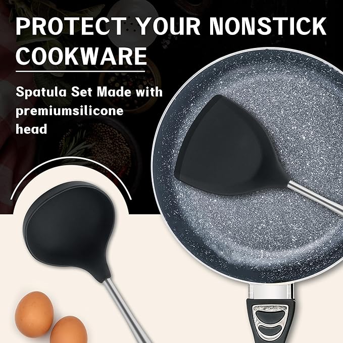 FJNATINH Silicone Spatula,Turner,Ladle,Skimmer Tool Set,Stainless Steel Non Stick Heat-Resistant Cooking Utensils BPA Free Kitchen Utensils Cookware Wooden Handle,4 Pieces