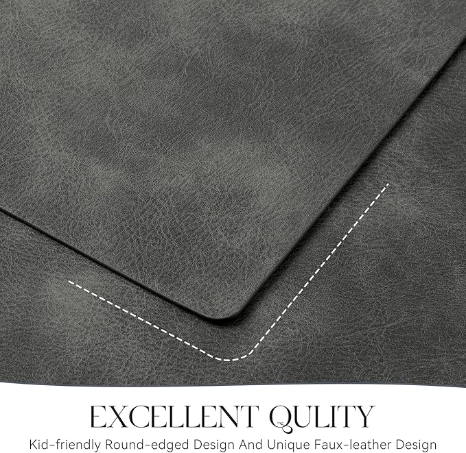 MOSAYT Vinyl Placemats Set of 6-12 X 17 Inch - Faux Leather 100% Waterproof Oil-Proof Wipeable PU Place Mats, Heat Resistant Reversible Table Mats for Kitchen, Dining, Outdoor (Dark Grey)