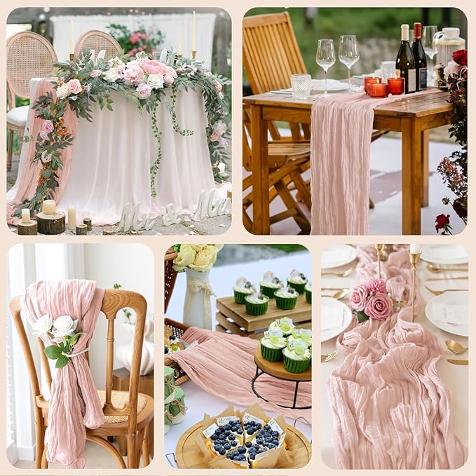 Wokceer Cheesecloth Table Runner 4Pack 10FT Dusty Pink Boho Gauze Fall Christmas Cheese Cloth Table Runner for Party Easter Rustic Sheer Table Runners for Baby Bridal Shower Wedding