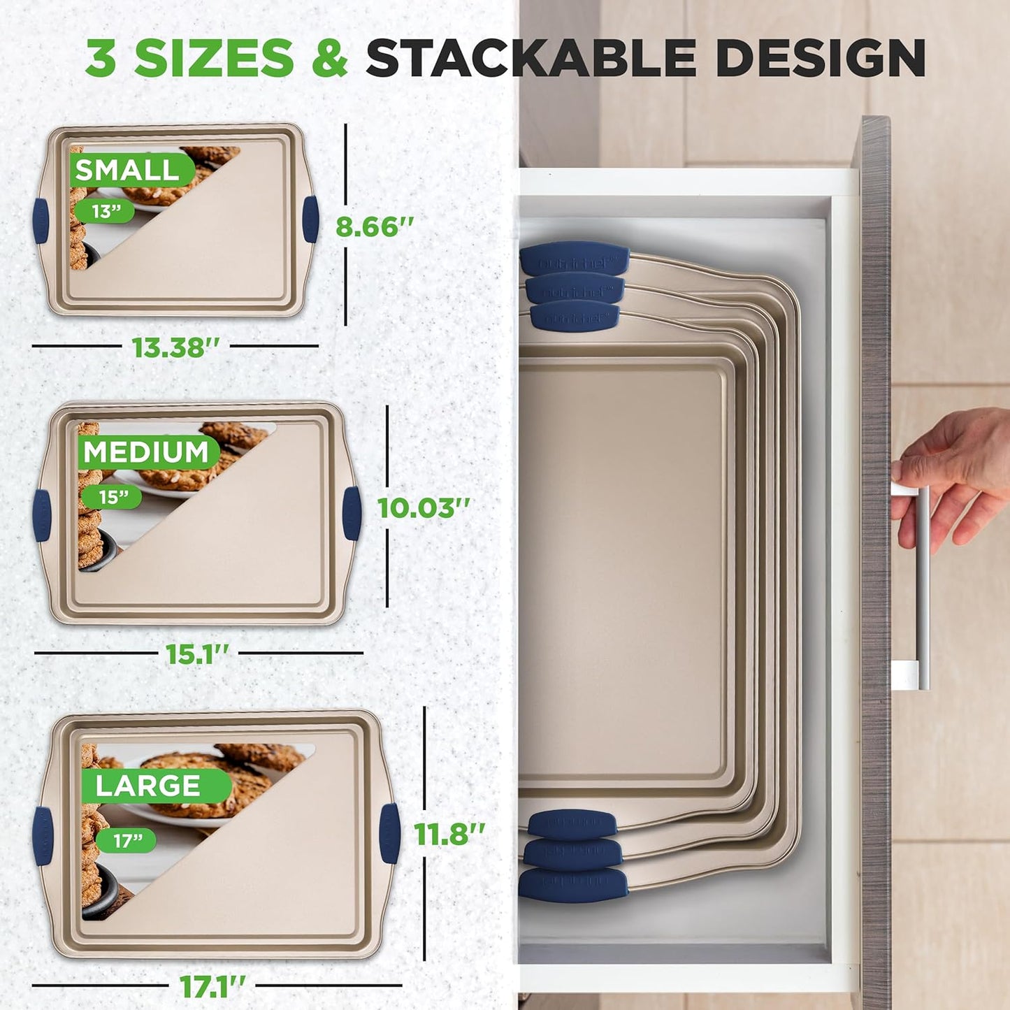 NutriChef 3-Piece Nonstick Bakeware Set - Premium Carbon Steel Oven Baking Trays w/Blue Silicone Handles - Small, Medium & Large Cookie Sheet Pans - PFOS, PFOA, PTFE-Free, Easy to Clean